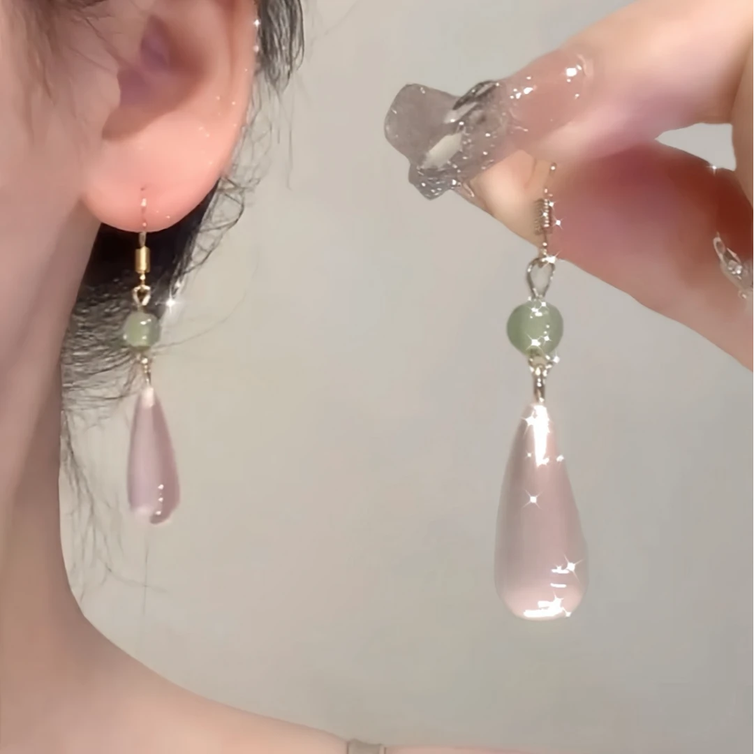 合金亚克力耳饰 新中式古风手作耳环粉色清透水滴汉服国风耳饰