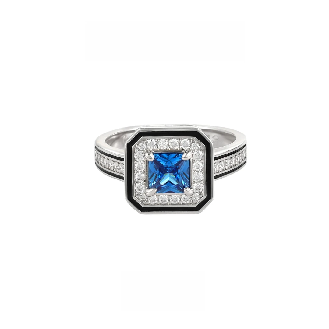 铜合金锆石戒指 CNC精工 轻奢气质方块蓝色戒指 0657