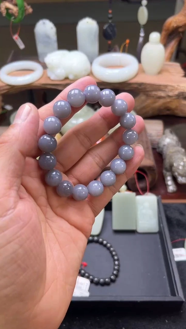 【闪购商品】和田玉手串未镶嵌卡12青海烟紫圆珠 多样性发一