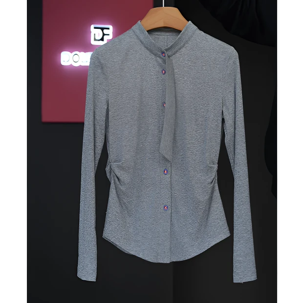 2025早春新款显瘦瘦腰褶皱长袖时尚针织百搭休闲气质衬衫衬衣