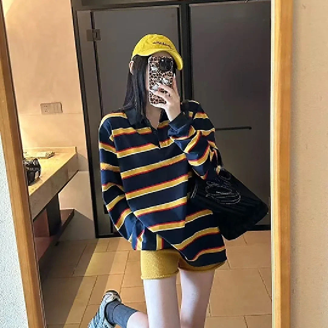 【奥莉】2025春夏：美式复古polo衫条纹撞色宽松长袖翻领t恤女83226