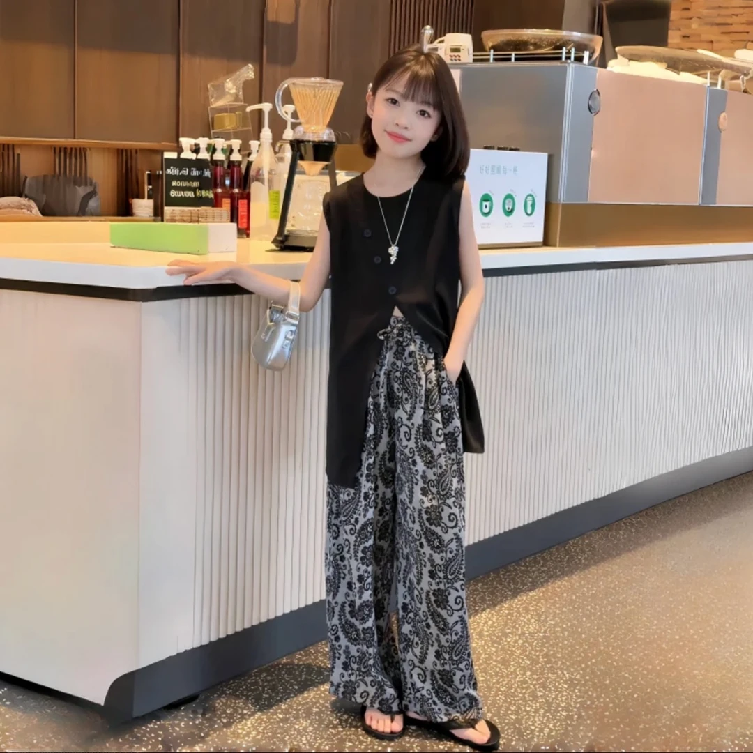 【亲子装气质套装】女童夏季韩版无袖套装洋气2025时尚阔腿裤两件套