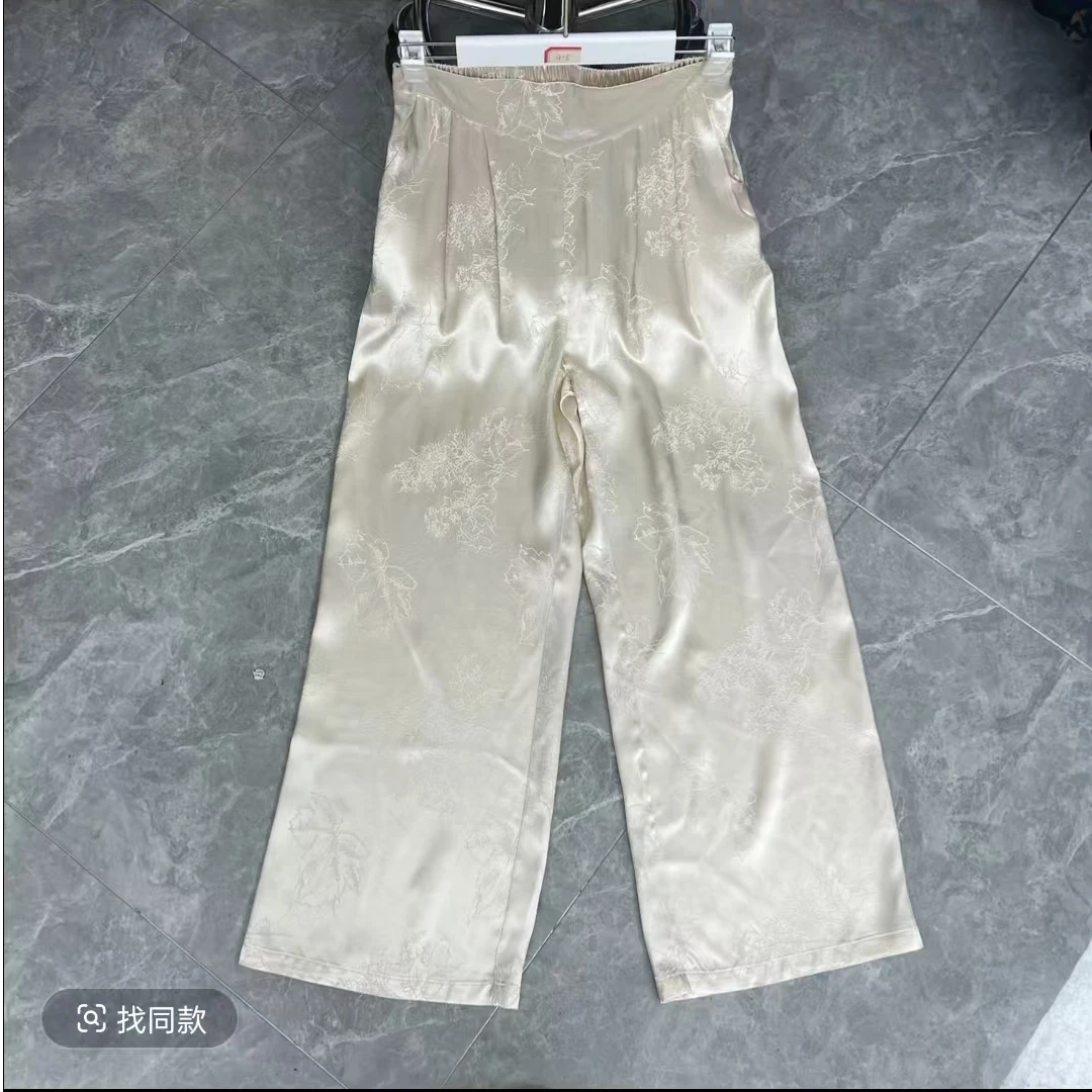 夏季百搭休闲桑蚕丝宽松刻花显瘦直筒裤341