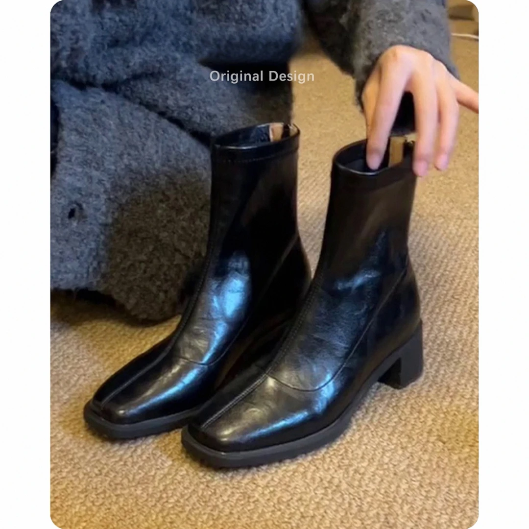 羊皮版~高跟短靴女2025秋冬新款方头马丁靴小个子法式粗跟瘦瘦靴
