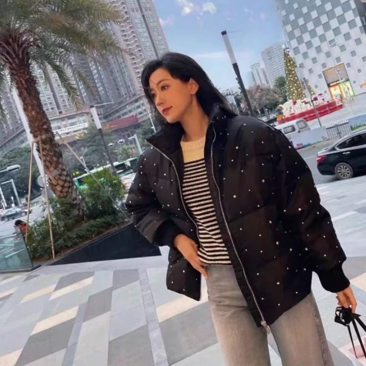 95新 MIU MIU/缪缪 潮奢豆 严选/黑色水晶镶钻拉链羽绒服/H13589