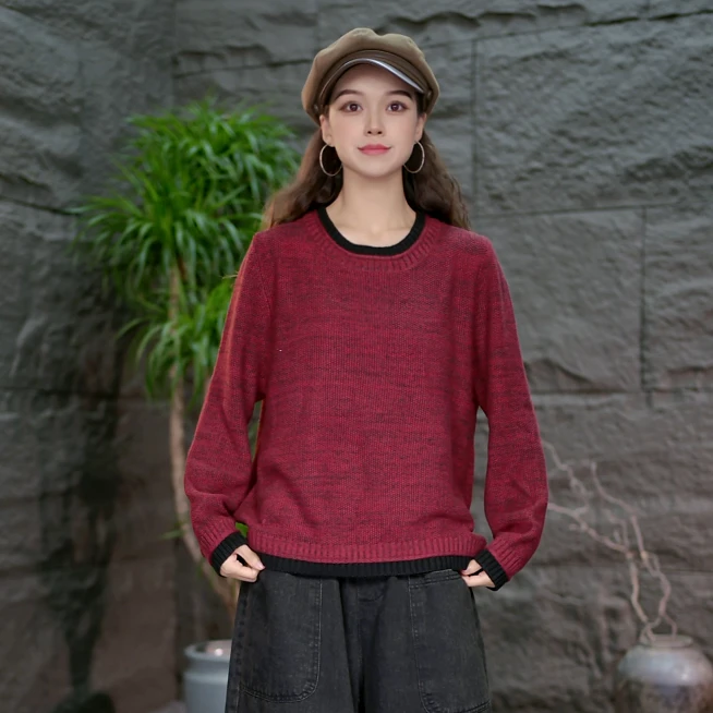 【圆领撞色针织衫】半高领大码女装休闲百搭毛线衣宽松百搭针织毛衣