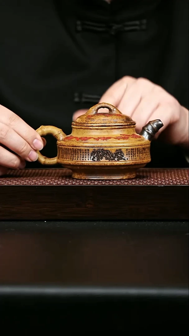 茶壶紫砂宜兴紫砂 双线竹鼓 龙骨金砂 （幻彩）李志刚 h657