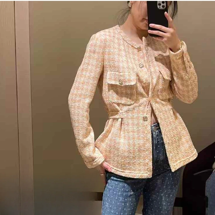 99新 Chanel/香奈儿 34码23S春夏橘色格子收腰花呢外套