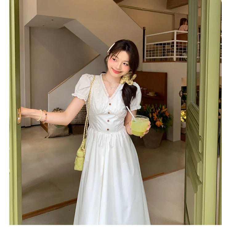 小个子夏季新款气质裙子女收腰短袖白色连衣裙好看长裙