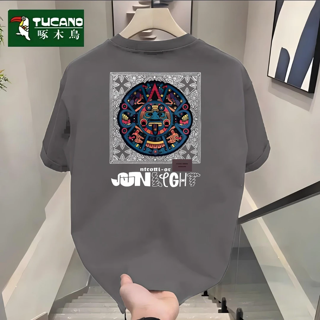 啄木鸟短袖t恤男士100%纯棉主播同款成熟印花半袖国潮新款打底衫