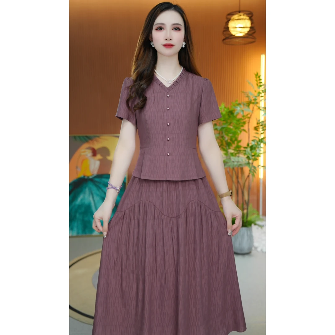 2536夏新款时尚气质收腰显瘦裙子洋气减龄假两件套短袖中长连衣裙