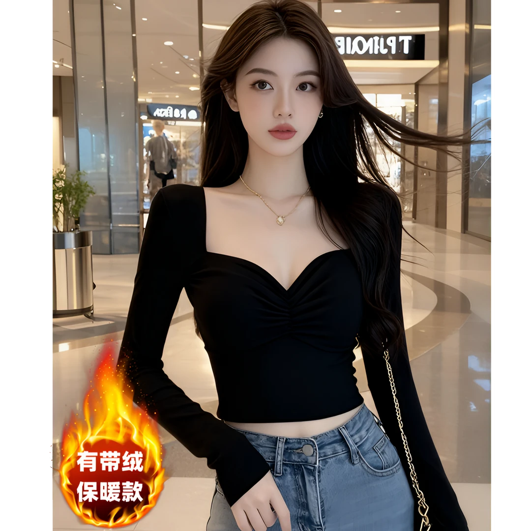 法式方领纯欲辣妹长袖t恤女秋冬加绒保暖褶皱上衣黑色显瘦打底衫