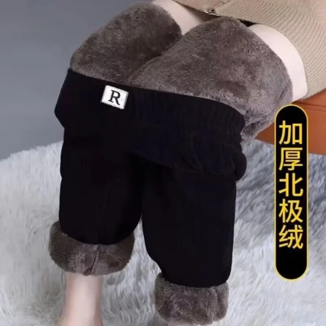 新款秋冬季灯芯绒裤子女显瘦哈伦裤高腰直筒裤R标加绒加厚休闲裤