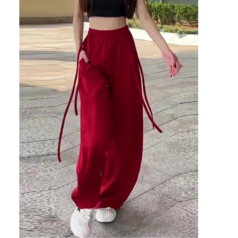 爆款新年红色弯刀运动卫裤女2025早秋款双抽绳2025炸街潮款裤子女