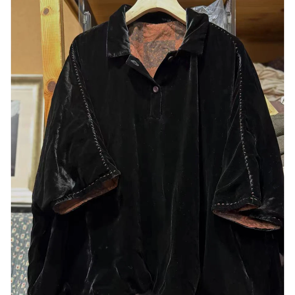 古蘭木-原创高档丝绒两面穿手工款半开领套头上衣6992