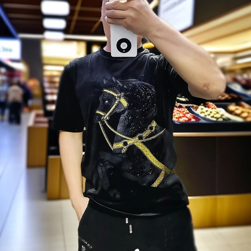 3232男士高品质战马工艺丝绒百搭时尚圆领短袖