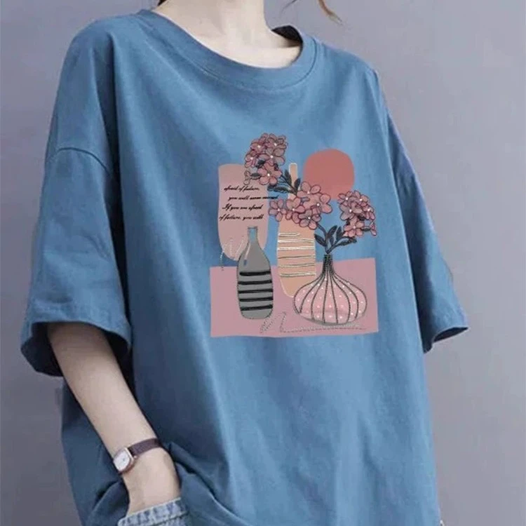 夏季印花短袖T恤女圆领蓝色宽松大版七分袖休闲体恤五分袖上衣