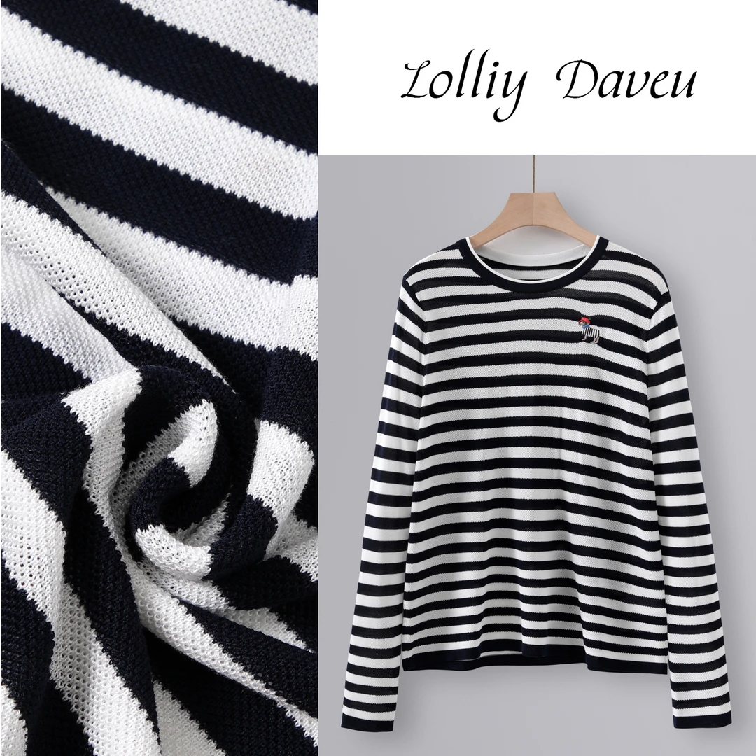 [爆款桑蚕丝】秋冬圆领条纹刺绣时尚减龄百搭宽松套头长袖针织衫