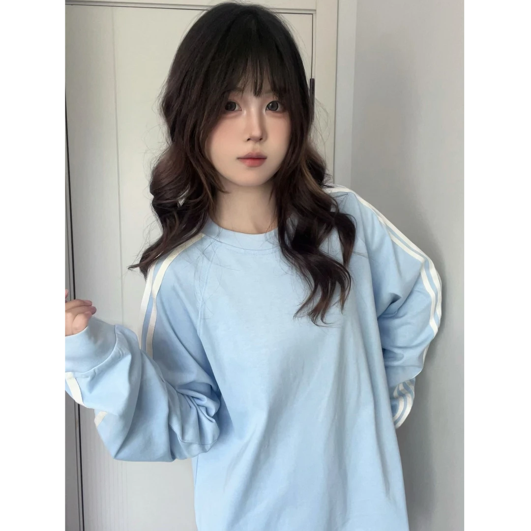 国潮牌三条杠长袖t恤女春秋季新款美式撞色设计感宽松打底衫上衣