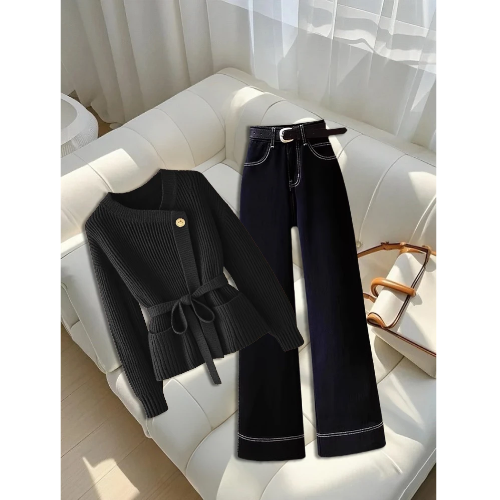 2025新款一整套设计感小众时尚百搭显瘦气质针织衫轻熟直筒裤女装