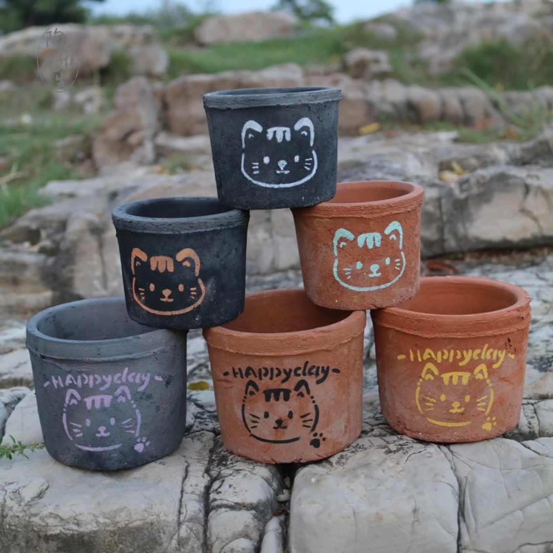 可爱猫咪手绘花盆植物小花盆透气吸水泥瓦盆土盆复古原始多肉盆