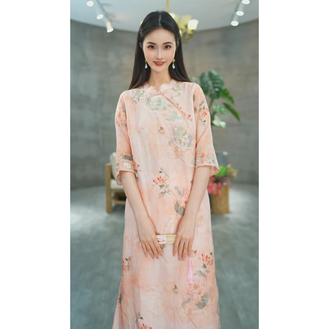 赠李白 100支苎麻大摆裙国风原创设计宽松改良旗袍7117