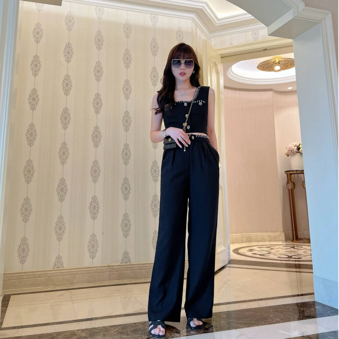 syna U型领小香风黑白撞色背心套装