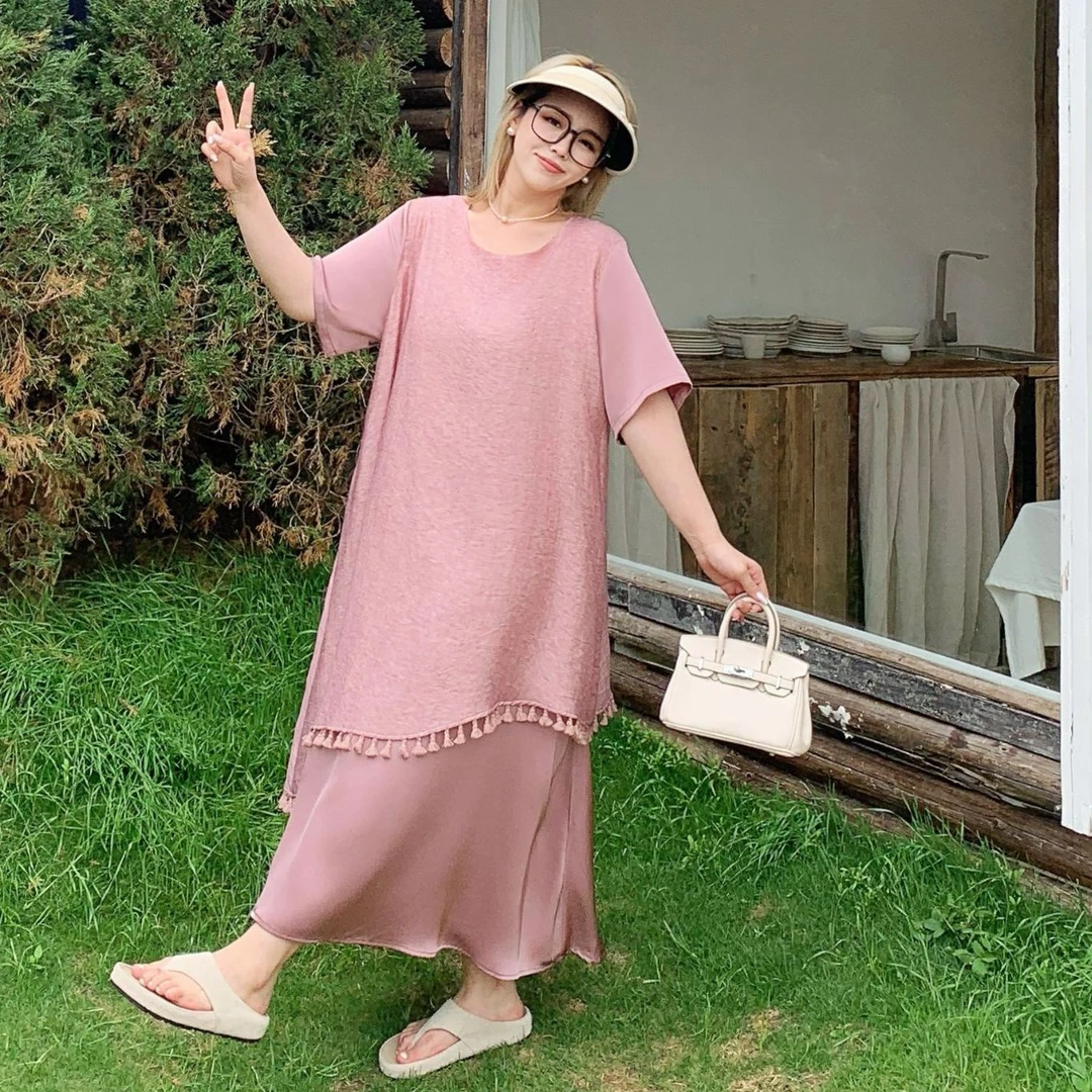 媛子大码假两件流苏连衣裙冰感肌理感2025夏季新款宽松显瘦遮肉