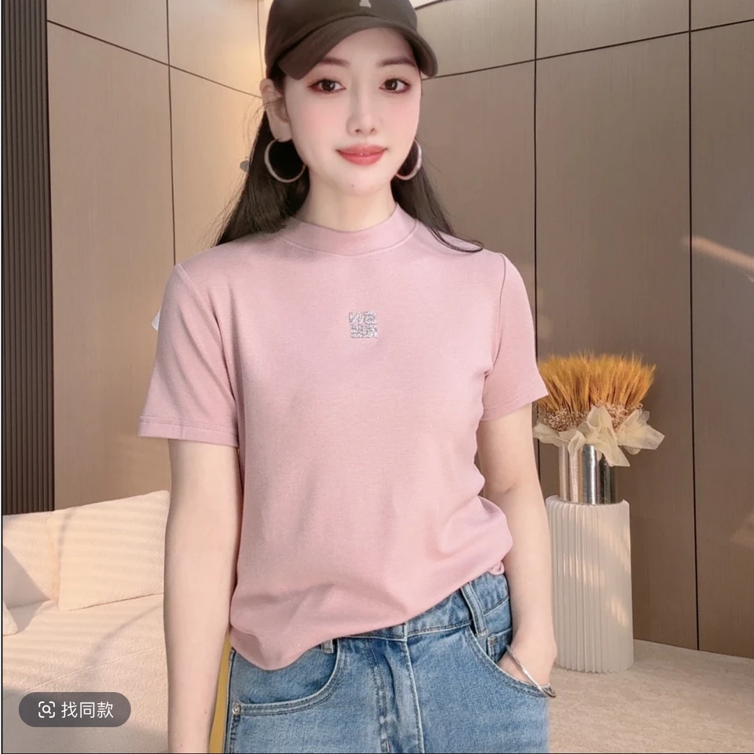 圆领短袖T恤女2025夏季新款纯色韩版时尚修身气质百搭上衣亮片
