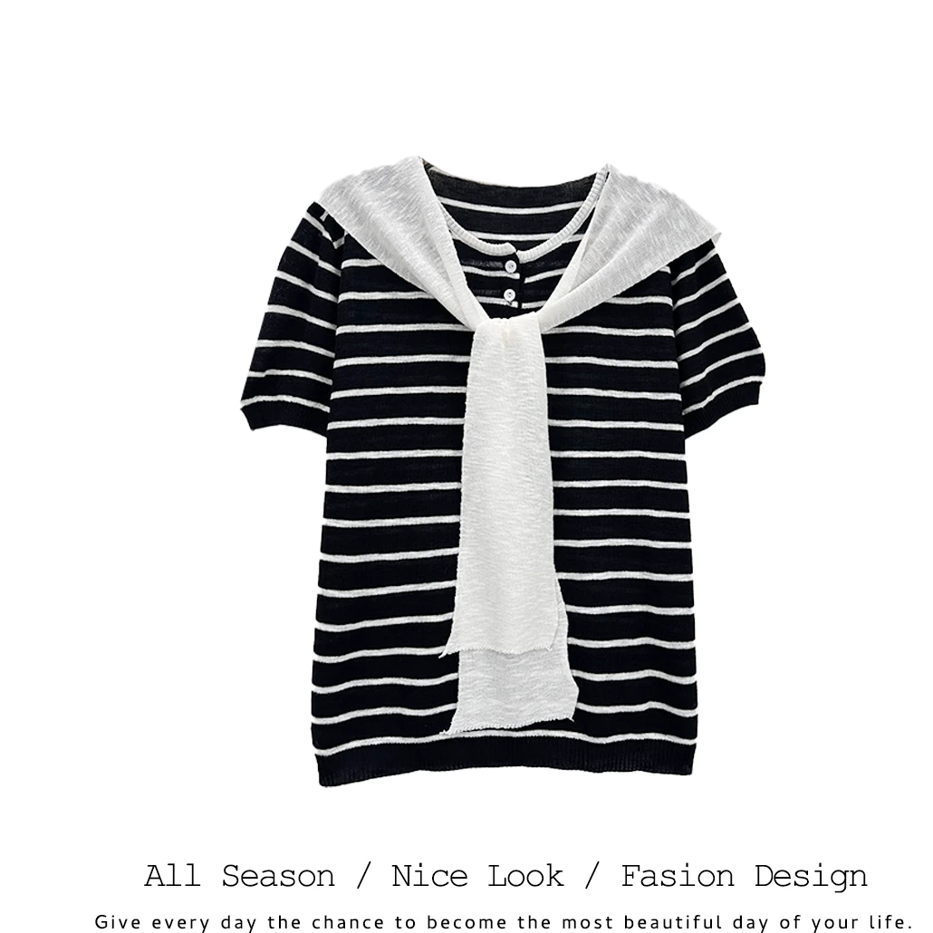 971   2025春季新款条纹圆领短袖韩版元气透气披肩上衣#1133