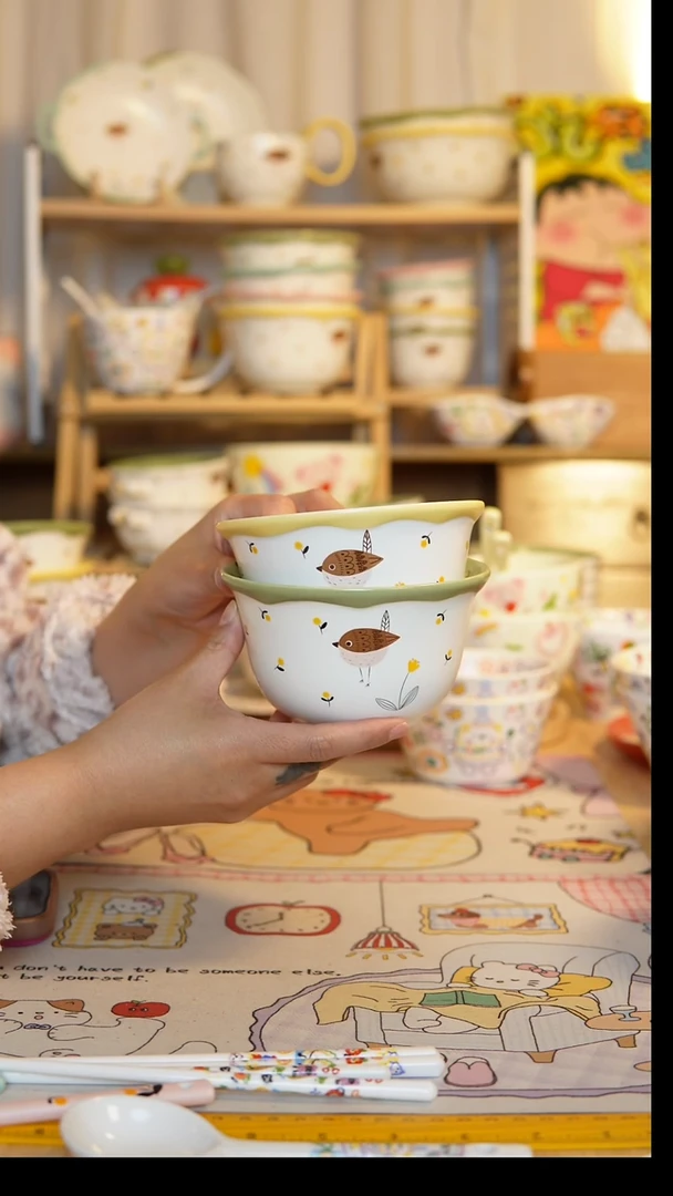 陶瓷鸟语花香10个装米饭碗（黄绿各5）