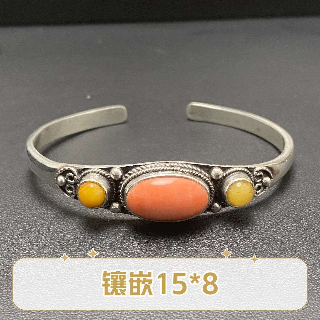 足银手镯 民族风15*8镶嵌手工手镯 SZ00134