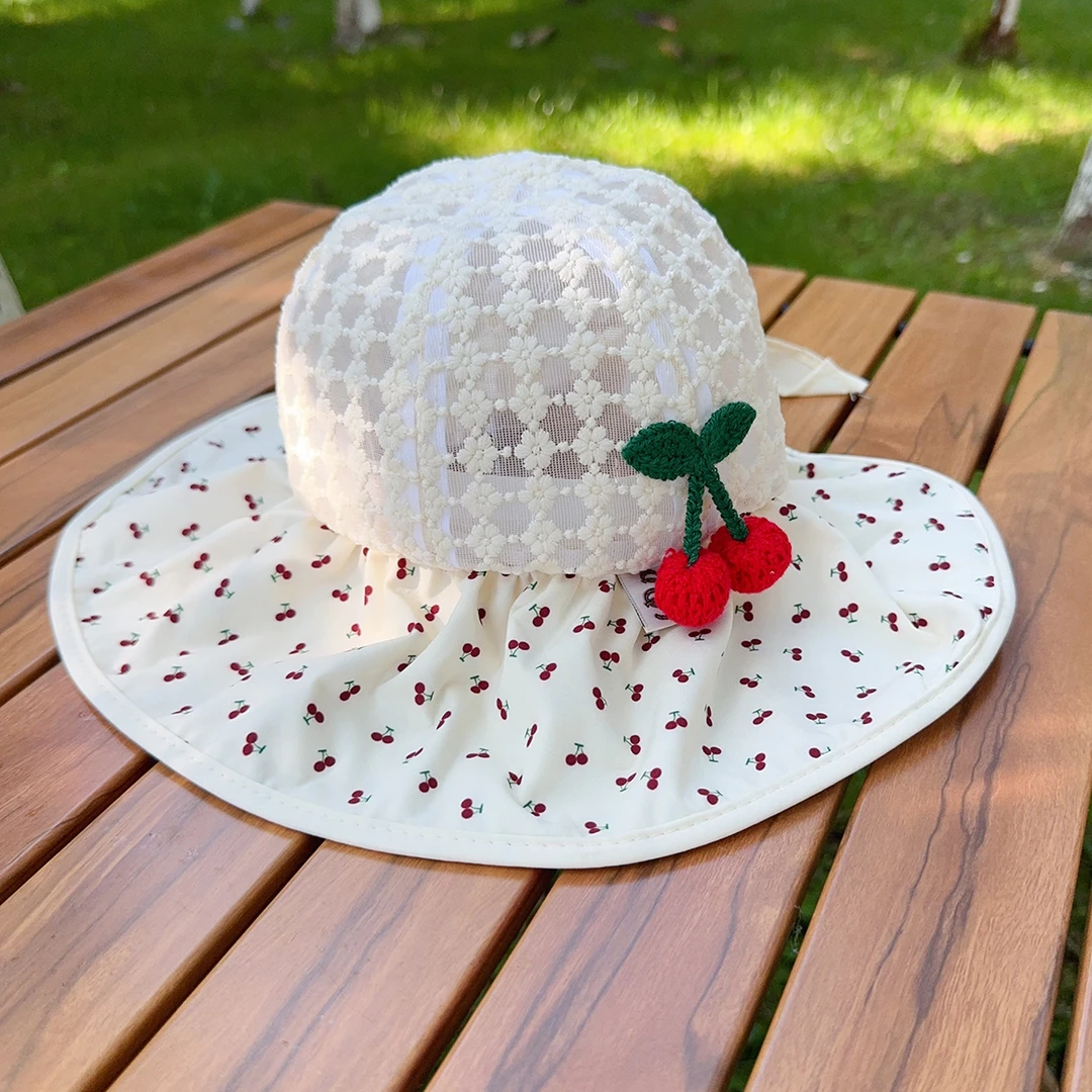 儿童帽子夏季大帽檐樱桃1-3岁女孩宽檐防晒太阳帽薄款遮阳渔夫帽