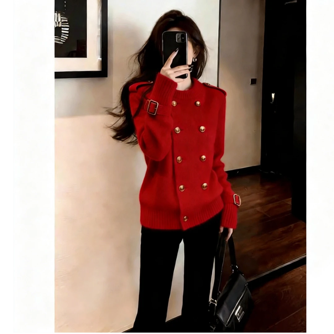 美式复古风时尚百搭休闲松弛感毛衣外套女2025秋冬红色双排扣开衫