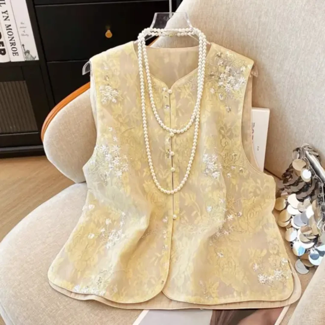 重工珠花刺绣亮片时尚减龄马夹新中式夏季欧根纱马甲无袖坎肩女