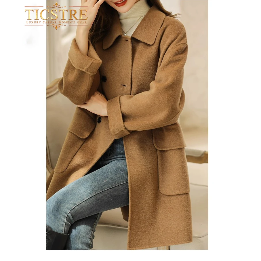 TICSTRE驼色双面绒大衣女中长款新款秋冬季高端羊毛呢外套女