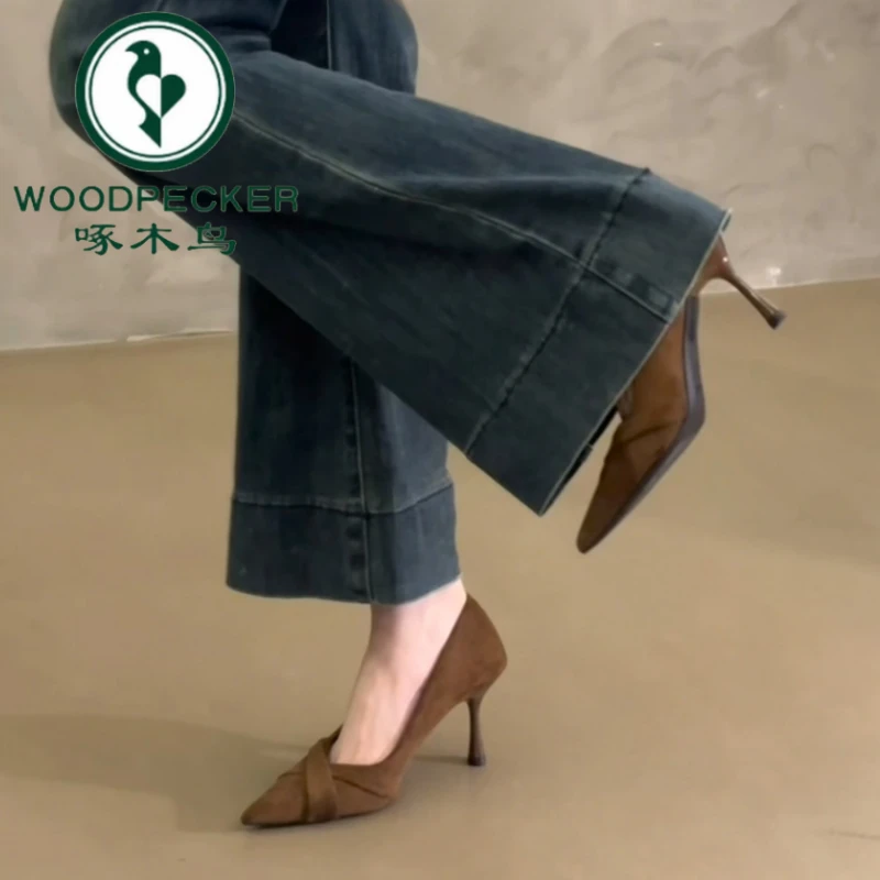 啄木鸟法式绝美尖头交叉带高跟鞋2025新款复古绒面浅口细跟单鞋女