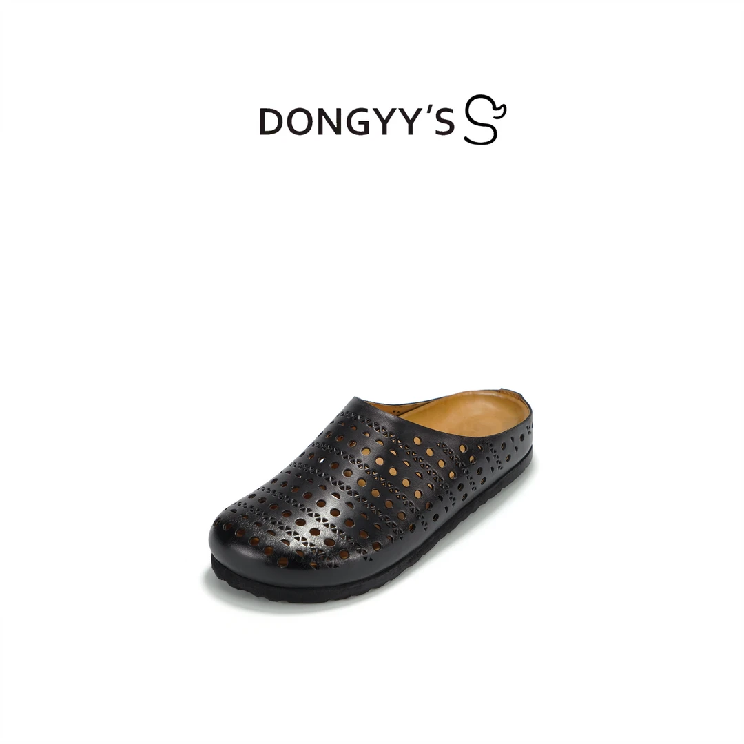 Dongyy's2025年新款夏季黑色镂空水洗马皮懒人洞洞鞋勃肯包头拖