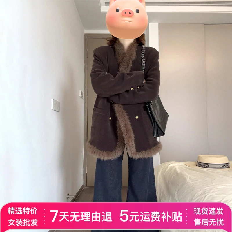 美拉德高级感棕色毛毛外套女2025秋冬季新款韩系加厚短款气质上衣