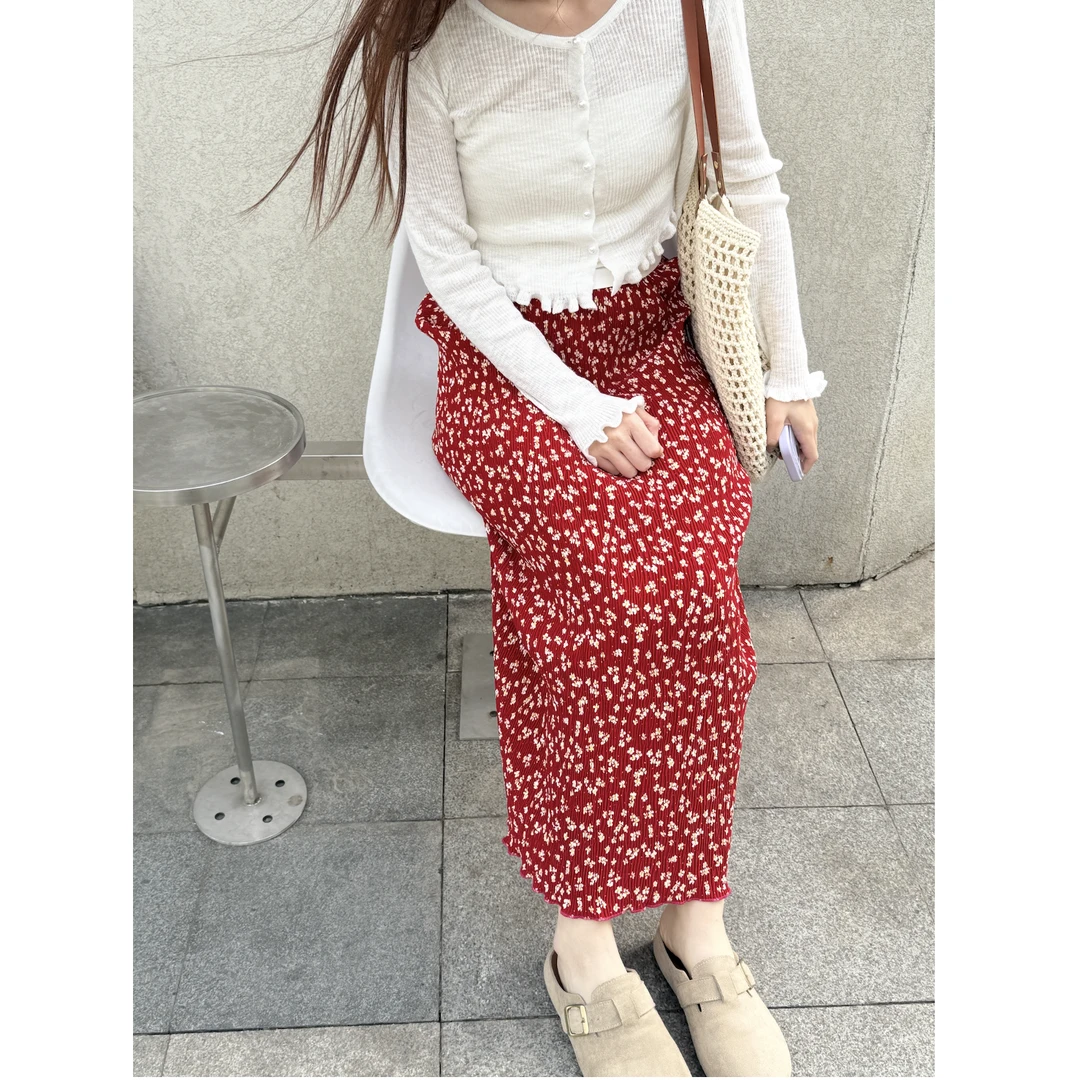 复古红碎花褶皱半身裙子开叉压褶包臀裙度假网红时尚炸街新款女装