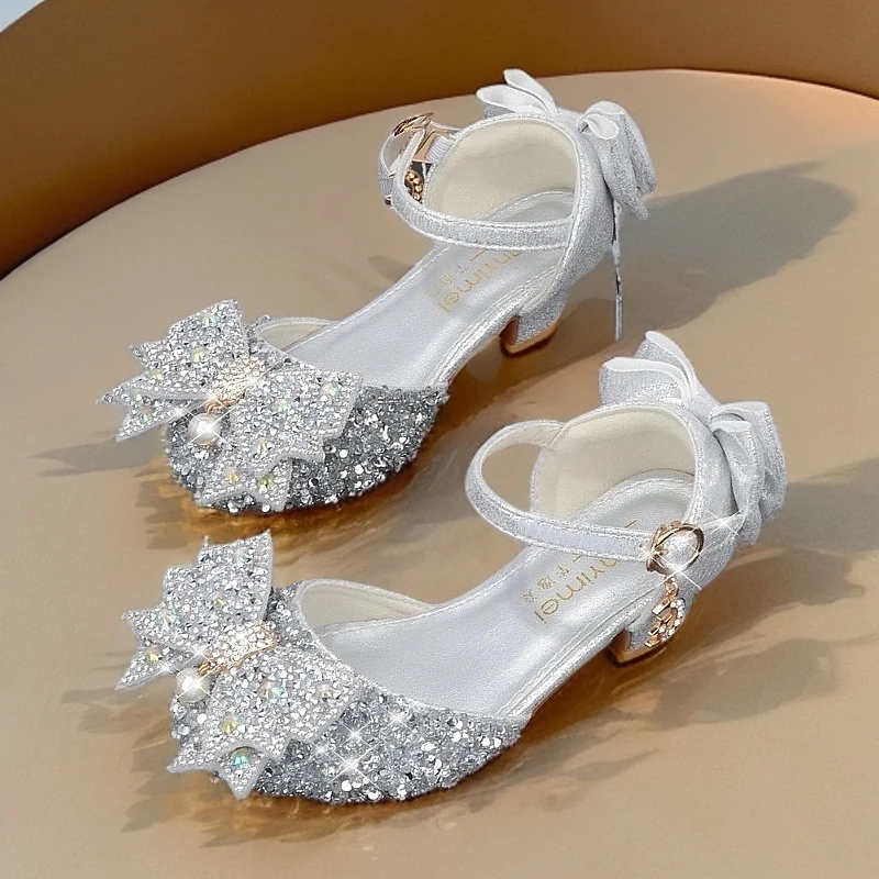 六一女童公主3CM高跟鞋儿童百搭满钻小女孩软底银色演出走秀表演