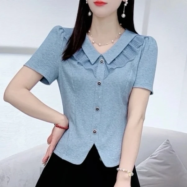 2025夏季时尚蕾丝花边娃娃领衬衫女新款洋气显瘦减龄百搭长袖上衣