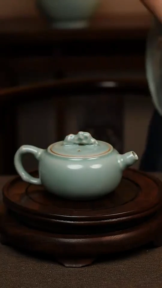 瓷片仿古天青手工竹笙壶180ml 微瑕 不带礼盒