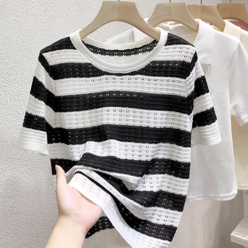条纹正肩t恤女夏季新款设计感法式针织短袖体恤薄款冰丝上衣0006