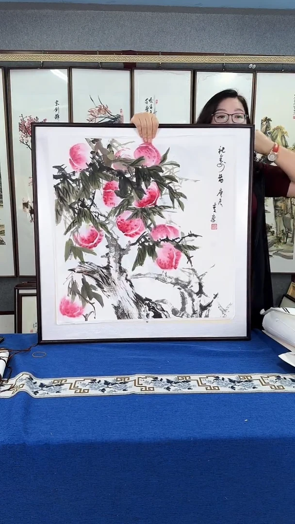 国画福寿图 实木画框 63*63
