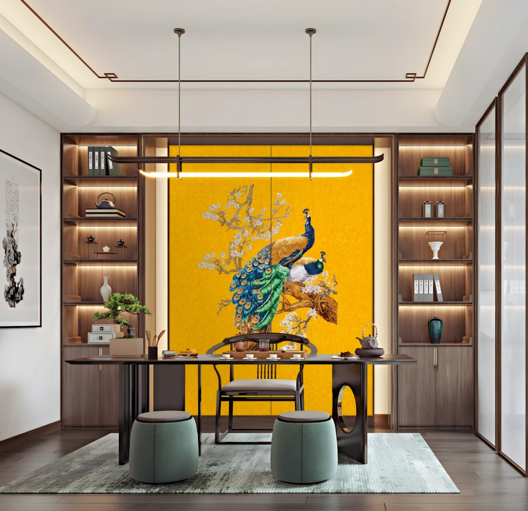 禅意新中式独绣简约高端刺绣无缝背景墙布孔雀图