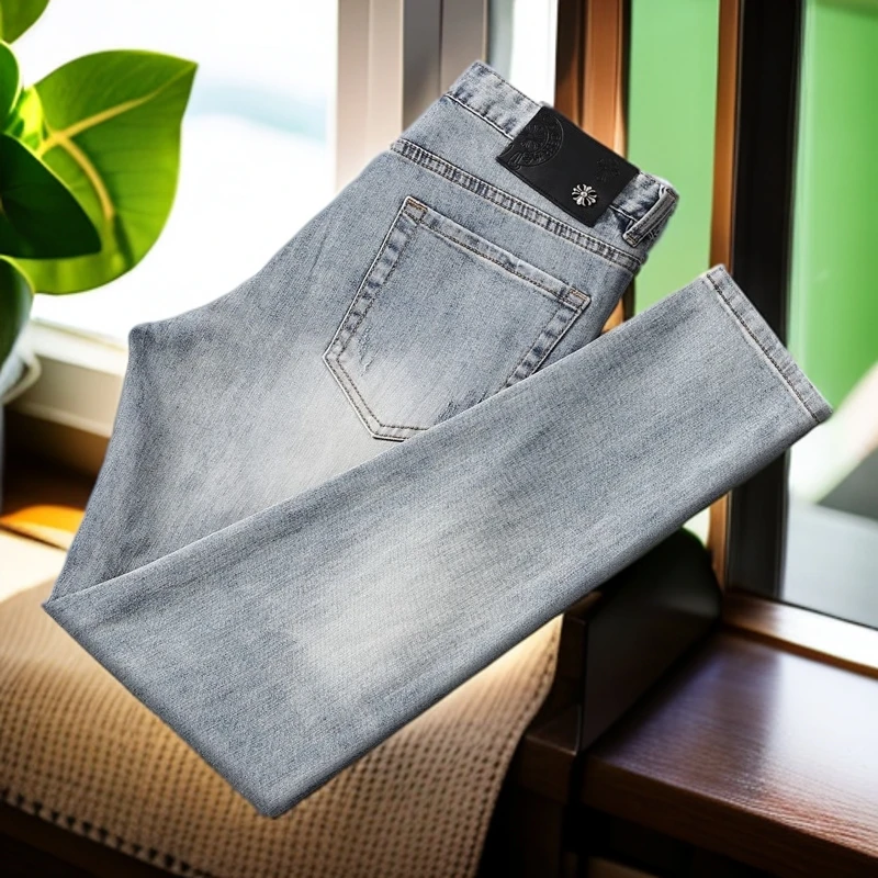 娜罗普西印花牛仔裤男款个性破洞补丁潮流棉弹修身小脚男装长裤子