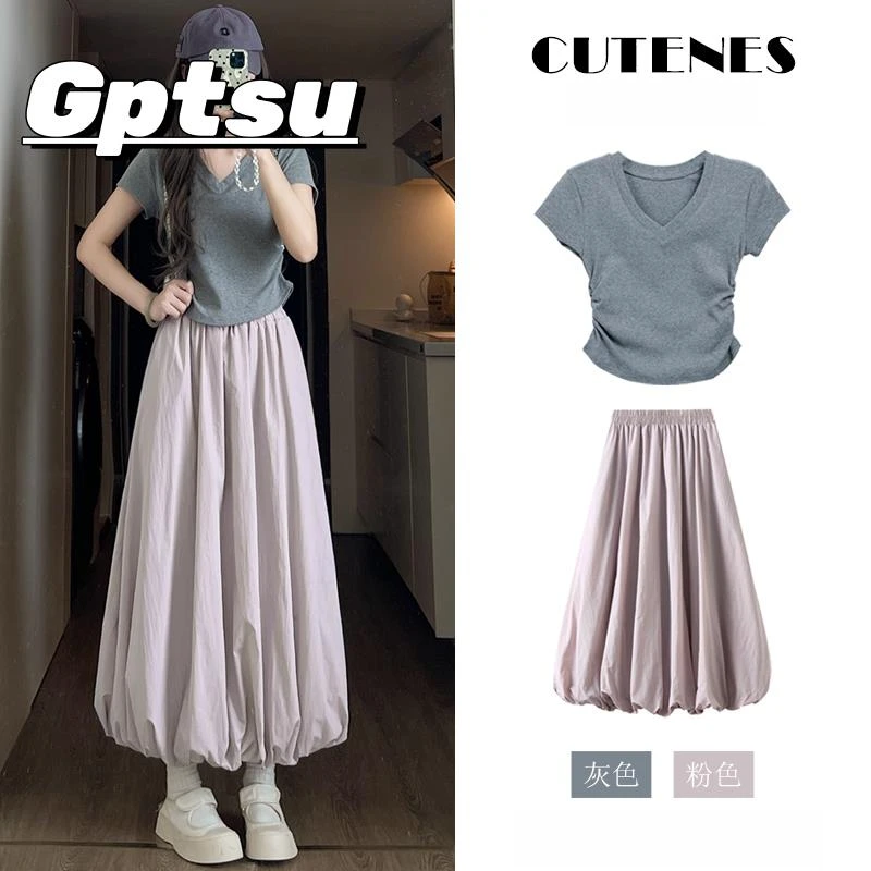 GPTSu粉色蓬蓬裙女夏季薄款2025a字伞裙高腰中长款灯笼花苞半身裙