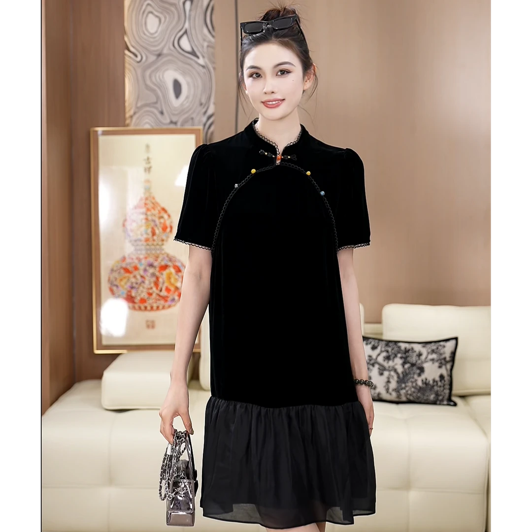 彩扣新中式真丝丝绒拼接下摆国风短袖气质夏季连衣裙A050672