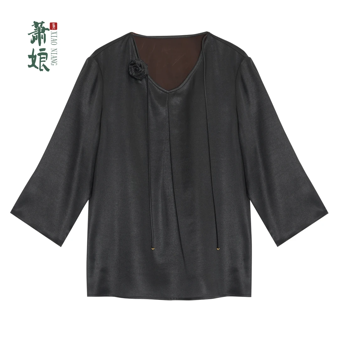 【粉丝专享】弹力缎桑蚕丝上衣黑色新中式V领国风中国风女上衣5080